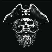 Dark Art Skull Pirates Captain Marine With Hat Grunge Vintage Tattoo Illustration Black White