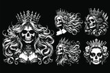 Fototapeta Dinusie - Set Dark Art Skull Queens Girl Lady with Rose and Crown Horror Grunge Vintage Tattoo illustration Black White