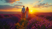 A Young Couple Walking In A Lavender Field At Sunset, Man And Woman On Vacation In France Provence Valensole