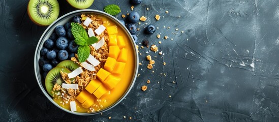 Sticker - A top view of a bowl filled with mango smoothie, granola, coconut milk, kiwi, coconut chips, blueberries, and mint on top of a wooden table.