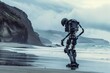 A robotic entity taking a leisurely stroll on an otherworldly beach