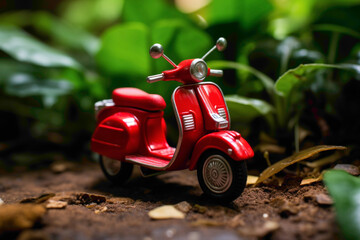 Wall Mural - A vibrant red small motorbike with chrome details cruising down a miniature road, surrounded by lush greenery.