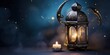 © Nia™ - Decorative Arabic Lantern with Burning Candles at Night, background of crescent moon and clouds, sky full of stars, empty space for text - generative ai