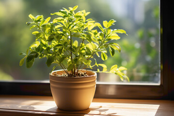Wall Mural - Adorable small potted plant on a window sill, basking in natural sunlight, adding freshness and vibrancy to the space
