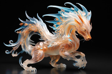 Wall Mural - An artistically designed 3D-printed sculpture of a mythical creature, showcased on a reflective glass surface