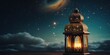 © Nia™ - Decorative Arabic Lantern with Burning Candles at Night, background of crescent moon and clouds, sky full of stars, empty space for text - generative ai