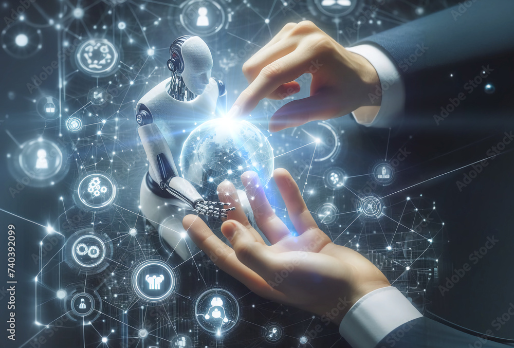 machine learning robot hand touch computer chip and binary data future ...