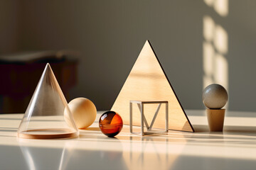 Wall Mural - High-quality photograph showcasing a carefully arranged 3D-rendered tetrahedron, rectangular prism, and ellipsoid on a clean, well-lit table