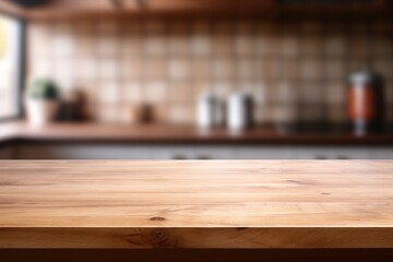 Wall Mural - Empty wooden desk on blurred kitchen window. Stage for product