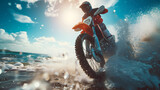 Fototapeta Do akwarium - riding a motorcycle on the water fresh wave. Woman standing with her dirt bike in a lake Or sea. Man travels on a motorcycle in the ocean beach. Motorcyclist crosses a river with motocross motorcycle.