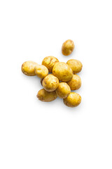 Closeup of a pile of fresh organic potatoes from the garden isolated on a transparent background with shadow from above, top view, png