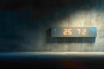 Wall Mural - A futuristic digital clock hovering in a dimly lit room, its display casting a soft, ambient glow against a textured concrete wall.