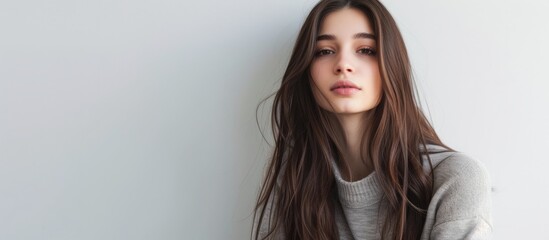 Poster - Serene woman with long brown hair and gray sweater in a cozy winter setting