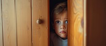 Curious Young Boy Peeking Through An Old Rustic Wooden Door In An Abandoned House