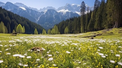 Canvas Print - flower field in spring with mountain background