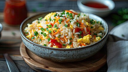 Wall Mural - A delicious and tasty photograph of egg fried rice with ketchup, styled in a fresh and bright way, with fresh colors and a focus on the minimal beauty of the dish. Beatrice Peltre style