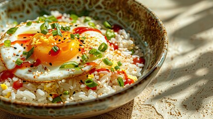 Wall Mural - A delicious and tasty photograph of egg fried rice with ketchup, styled in a fresh and bright way, with fresh colors and a focus on the minimal beauty of the dish. Beatrice Peltre style