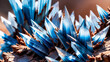Translucent blue aquamarine like faceted crystal point formations on layers of brown sandstone rock. Detailed macro closeup.