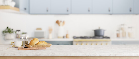 Canvas Print - a copy space for display your product on a kitchen tabletop in a cozy minimal kitchen.