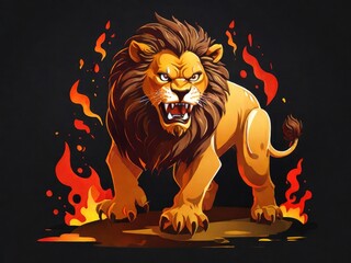 Wall Mural - lion angry with fire on black background