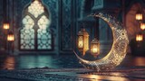 Fototapeta Londyn - Islamic decoration background with lantern and crescent moon luxury style, ramadan kareem, mawlid, iftar, isra miraj, eid al fitr adha, muharram, copy space text area - Eid Ul Fitr - generative ai