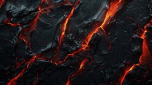 Lava Texture Background. Hot Glowing Lava Closeup Background, Black Orange Heat Design, Top View. Abstract Background Of Extinct Lava With Red Gaps.