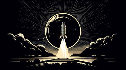 Wall Mural - Abstract retro rocket taking off from a lunar base. simple Vector art