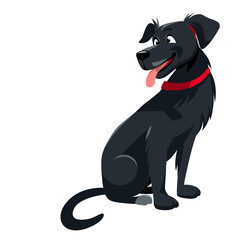 Wall Mural - Happy friendly big black dog sitting with tongue out, red collar on neck. Flat vector illustration