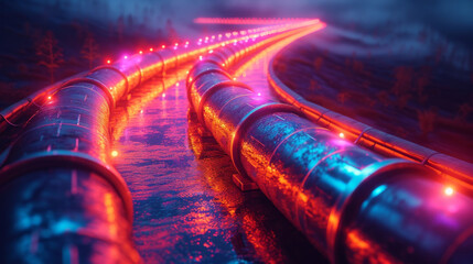 Wall Mural - A winding neoncolored pipeline stretches across a black background symbolizing the flow of money in and out of a company. Along the pipeline different sections light up to