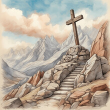 A Peaceful Mountain Pass With A Weathered Wayside Cross Standing As A Silent Sentinel Against A Backdrop Of Towering Peaks