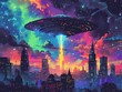 Sparkling UFO abduction scene over a neon lit cityscape pop art explosions and curious robots watching