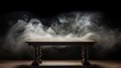 Smoke rising from an empty wooden table against a dark backdrop. Ai Generated.