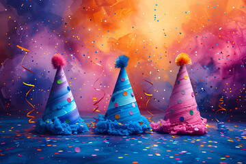 birthday party balloons, colourful balloons background and birthday cake with candles	