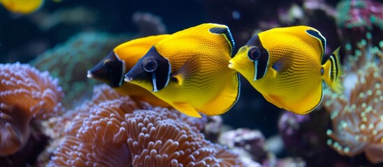 Vibrant yellow fish swimming gracefully in a beautifully decorated aquarium tank