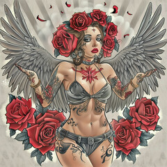 Wall Mural - Tattoo style portrait of chicano girl. beautiful woman with tattoo