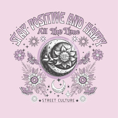 Wall Mural - Stay positive and happy.
 Vector illlustration of sun - astronomy and astrology symbol. Vintage, boho or gypsy style. Astrology and alchemy vibes.