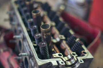 Wall Mural - Heavy screw grungy rusted wrenches dirty screwdriver object. Industrial hardware set. Mechanic tools engineering equipment car auto repair shop with copy space. Blurred background mechanical service