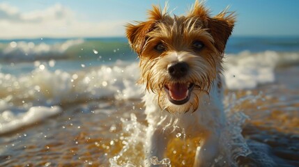 Wall Mural - A portrait of happy dog on the beach.