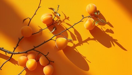 Wall Mural - Ripe apricots. many apricot fruits on a tree on orange background. Organic fruits. Healthy food