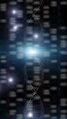 Wall Mural - 3d dna chain rotation on blurred digital data vertical background.