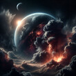 A mesmerizing image of a planet in space, beautifully rendered with clouds and engulfed in black smoke and explosions, accompanied by a distant moon.