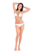 © Y.A./peopleimages.com - Happy, portrait and woman in bikini on studio, white background and mock up with fashion. Swimwear, model or girl in underwear with confidence for summer, vacation or style for holiday with happiness