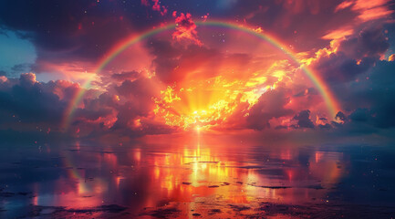 Wall Mural - A tranquil seascape with a vibrant rainbow reflected in the ocean against a sunset backdrop,ai generated