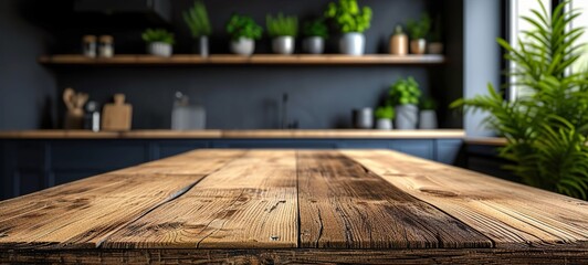 Canvas Print - Empty Beautiful wood table top and blur bokeh modern kitchen interior background