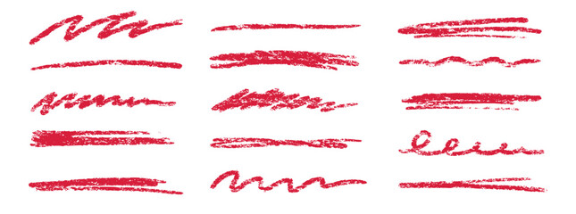 Aufkleber - Crayon brush stroke red underline. Chalk pen highlight stroke. Vector hand drawn brush underline element set for accent, crayon texture emphasis element. Red chalk vector illustration
