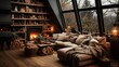 A rustic living room with earthy brown walls and warm beige furnishings