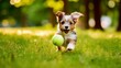 Happy dog running and playing ball in lawn green.