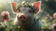 Contented domestic pig, adorned with a delicate flower crown, sniffs at the vibrant outdoor blooms with its curious snout