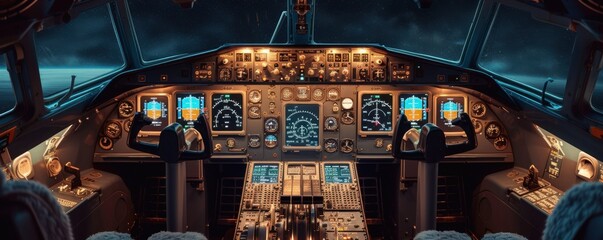 Empty pilot Cockpit with switched on Flight Deck dashboard in night, without people. Throttle jet cabin with control panel plane