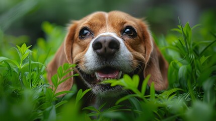 Wall Mural - Happy beagle dog looking on green grass background.